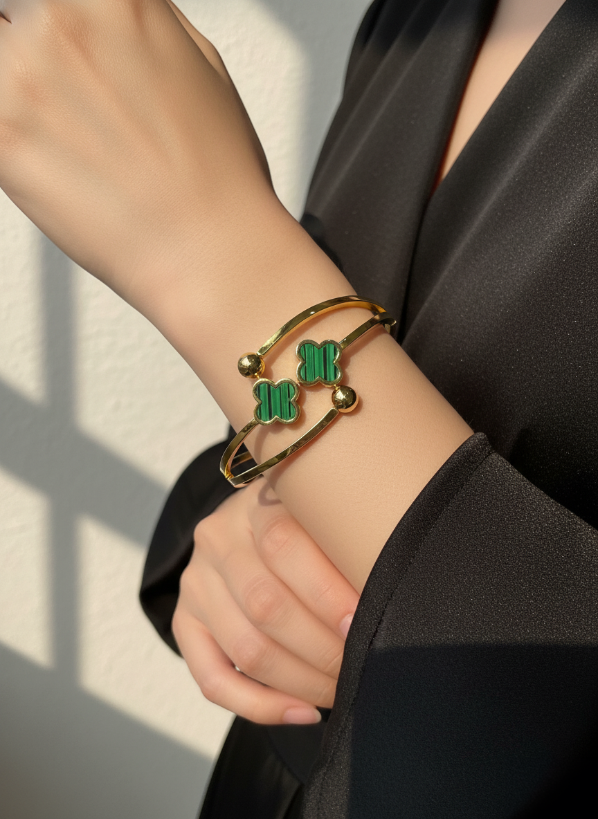 Green Clover Motif Gold Plated Openable Fashion Bracelet for Women & Girls