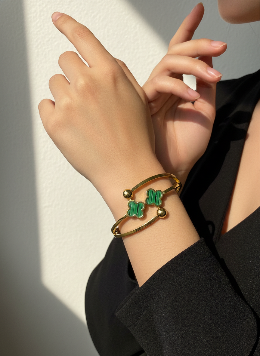 Green Clover Motif Gold Plated Openable Fashion Bracelet for Women & Girls