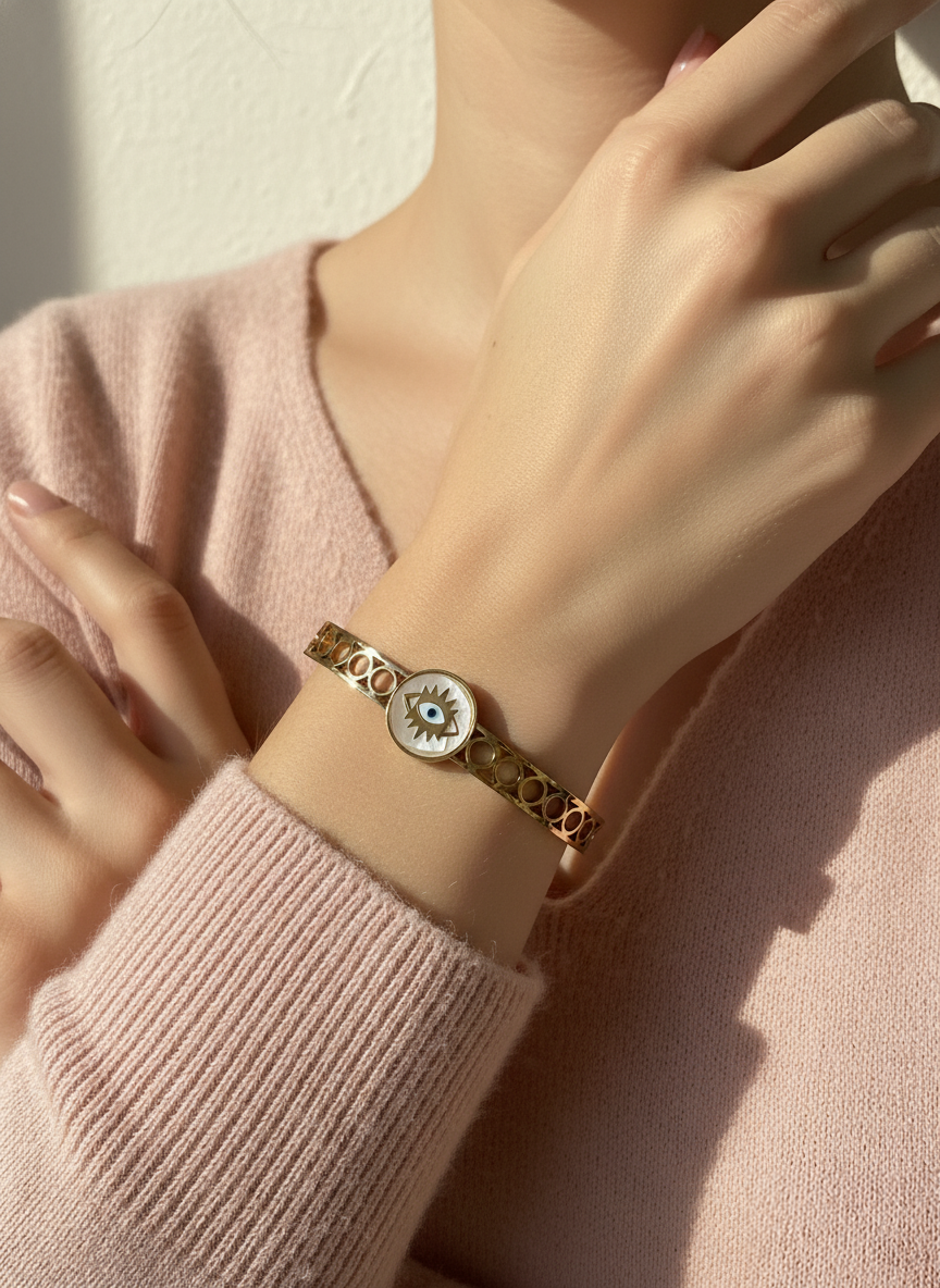 Silver Evil Eye Center Gold Plated Openable Fashion Bracelet for Women & Girls