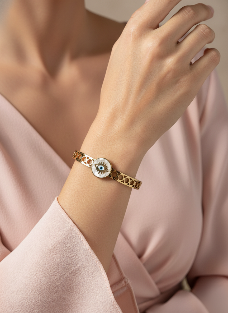 Silver Evil Eye Center Gold Plated Openable Fashion Bracelet for Women & Girls